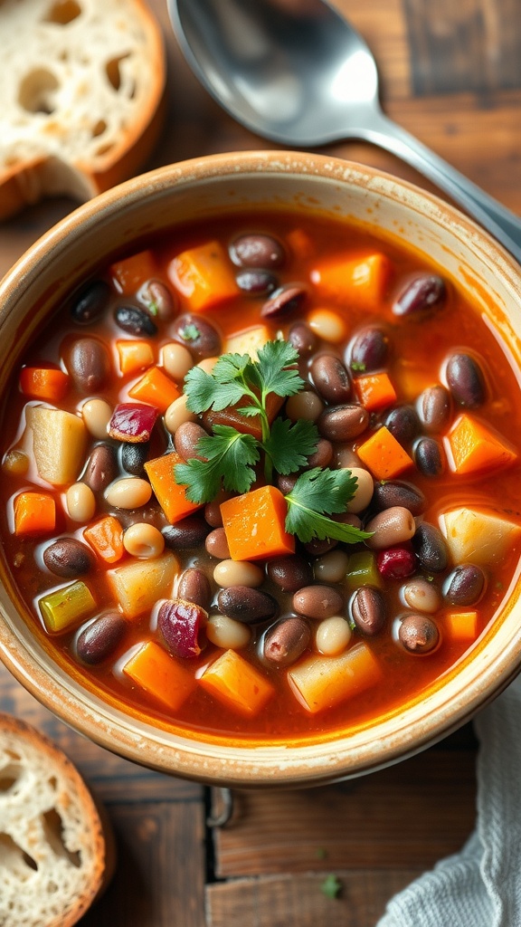 A bowl of vibrant three beans soup with kidney, black, and pinto beans, garnished with cilantro, alongside crusty bread.